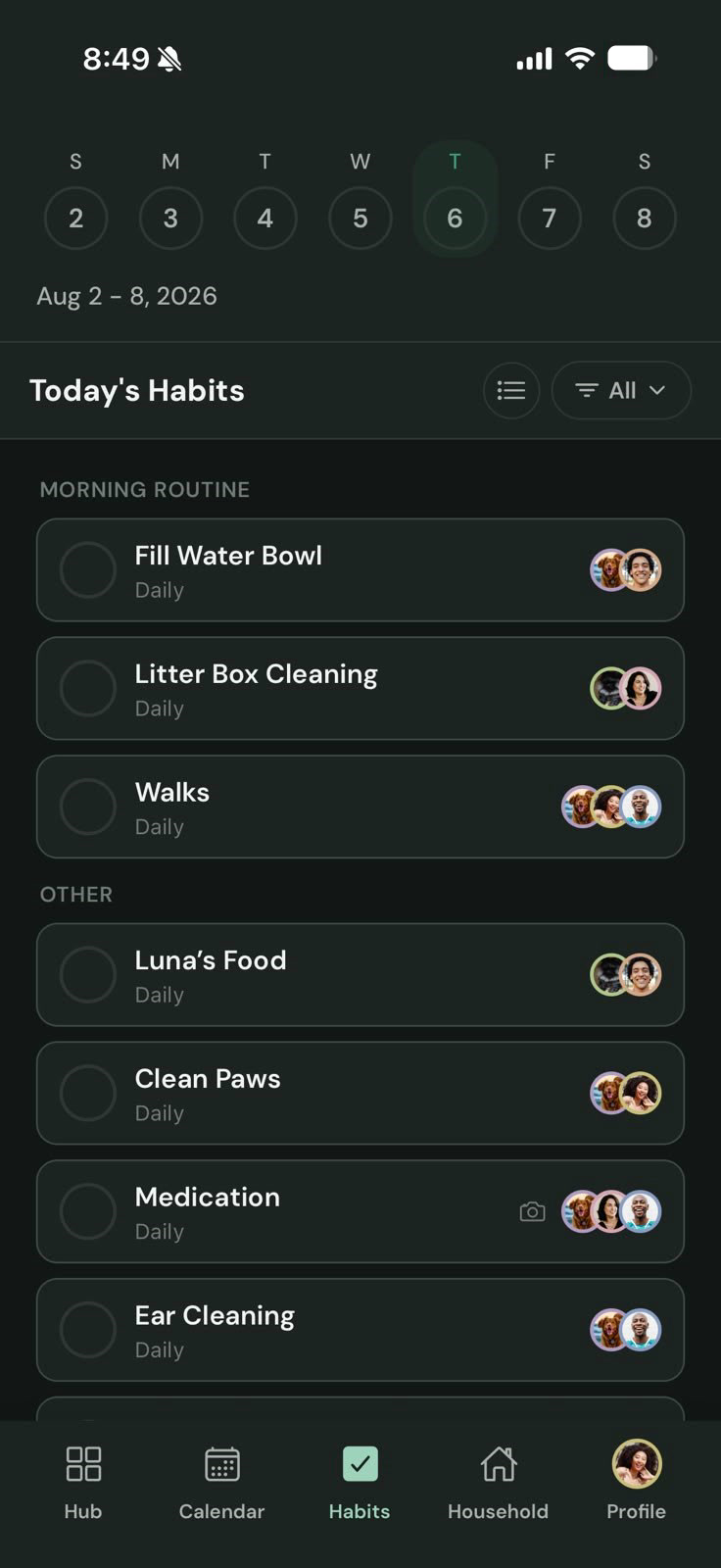 Pawmark habits screen in dark mode showing today's shared routine